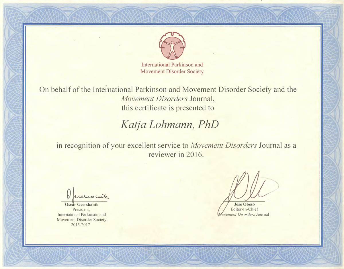Special recognition for Katja Lohmann by the Movement Disorder Journal ...